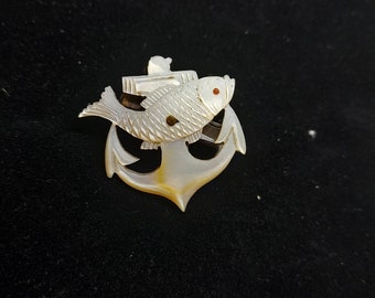 Victorian Fish Brooch Anchor Brooch Antique Mother of Pearl Hand Carved Shell Nautical Theme