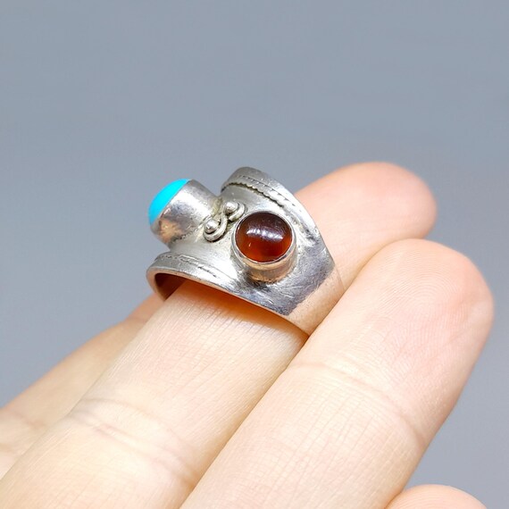 Sterling Silver Turquoise Ring Garnet Ring 925 Vi… - image 3