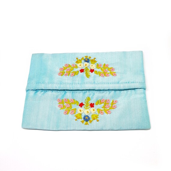 Embroidered Tissue Pouch Holder Purse Silky Turqu… - image 2