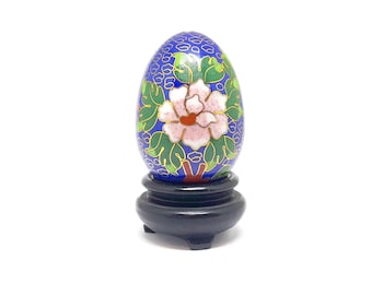 Blue Cloisonne Egg on Stand Vintage Chinese Enamel Blossom Design 1970s Oriental