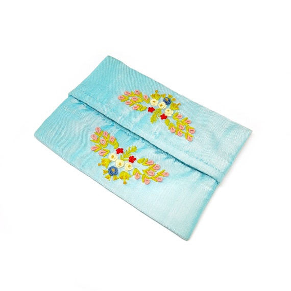 Embroidered Tissue Pouch Holder Purse Silky Turqu… - image 3