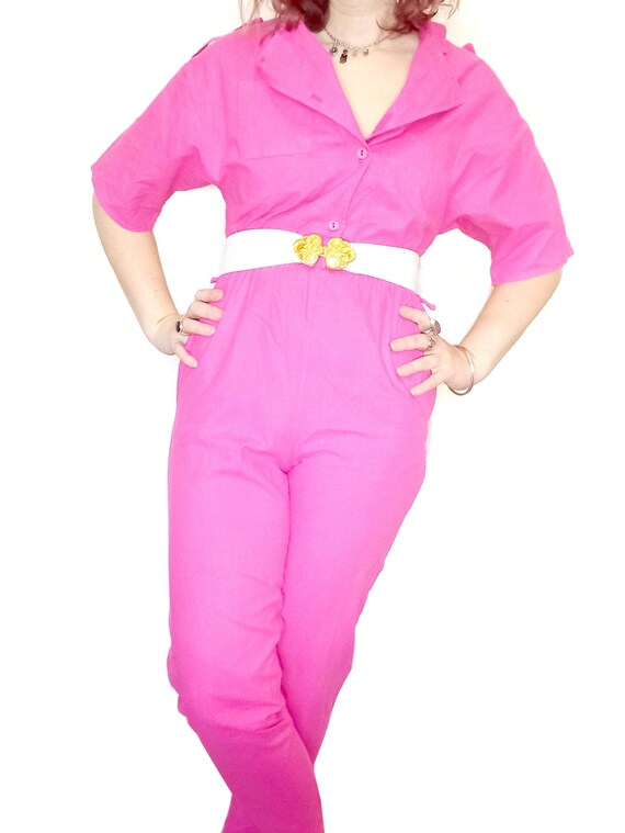 Vintage Jumpsuit Pink Cotton Boilersuit 1980s 90s… - image 2