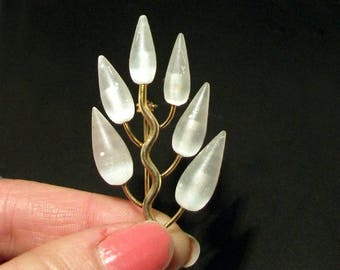 Frosted Glass Brooch Vintage Gold Stem White Wheat Ear Corn Barley Floral Harvest Seed Wedding Brooch