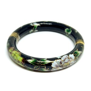 Vintage Cloisonne Bangle Chunky Black Enamel Hinged Bangle Floral Chinese Antique 1940s Numbered