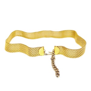May include: A gold-tone chain belt with a woven mesh design and a chain closure.