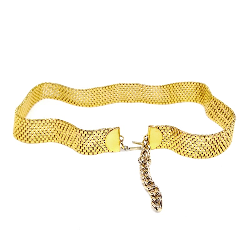 May include: A gold-tone chain belt with a woven mesh design and a chain closure.