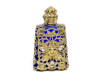Vintage Czech Perfume Bottle Gold Filigree Cobalt Glass Scent Rhinestone Ornate Miniature
