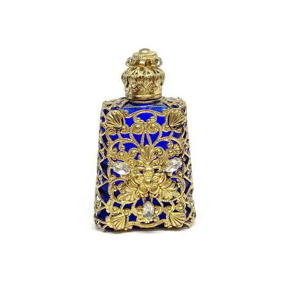 ☆ゴルチェ パヒュームド コンパクト Vintage Czech Perfume Bottle Gold Filigree Cobalt Glass Scent