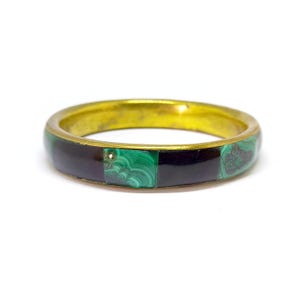 Vintage Malachite Bangle Green Stone Horn Inlaid Brass Chunky 1970s 80s