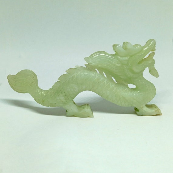 Carved Jade Dragon Statue Vintage Gemstone Carving Pale Green Etsy