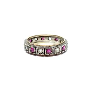 Antiker Eternity Ring 9ct Gold Sterling Silber Art Deco Ring Rubin Diamant Paste Größe Q
