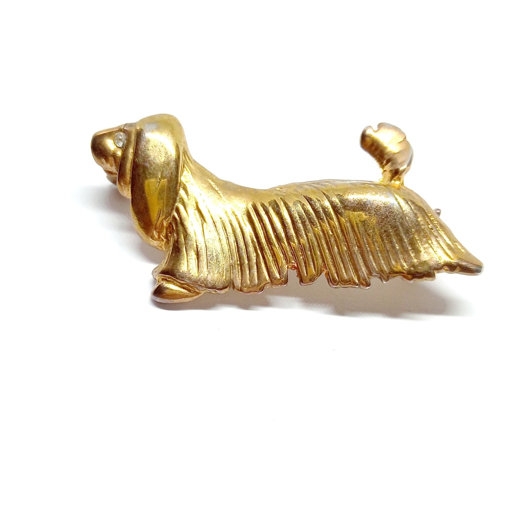 Vintage Dog Brooch Gold Dachshund 1950s Rhinestone Eye Long Haired Sausage Dog Etsy