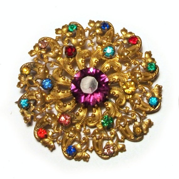 1930s Czech Brooch Bohemia Rhinestone Gold Ornate