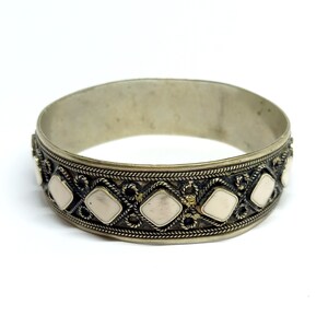 Vintage Tribal Bangle Silver Bone Enamel Panel Wire Work Unusual Rope Frame Design 1960s 70s
