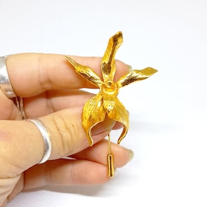 Vintage 24ct Gold Orchid Brooch Real Botanical Specimen Gold Cased 1970s 80s