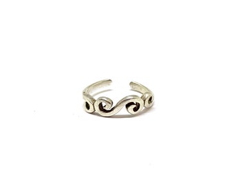 Bague midi d'orteil en argent sterling Wave Curl Pattern 925 vintage des années 1980 des années 90 ouvert réglable