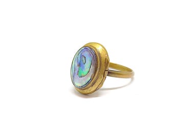 Vintage Abalone Locket Ring Paua Shell Opening Locket Gold Ring Brass Large size T