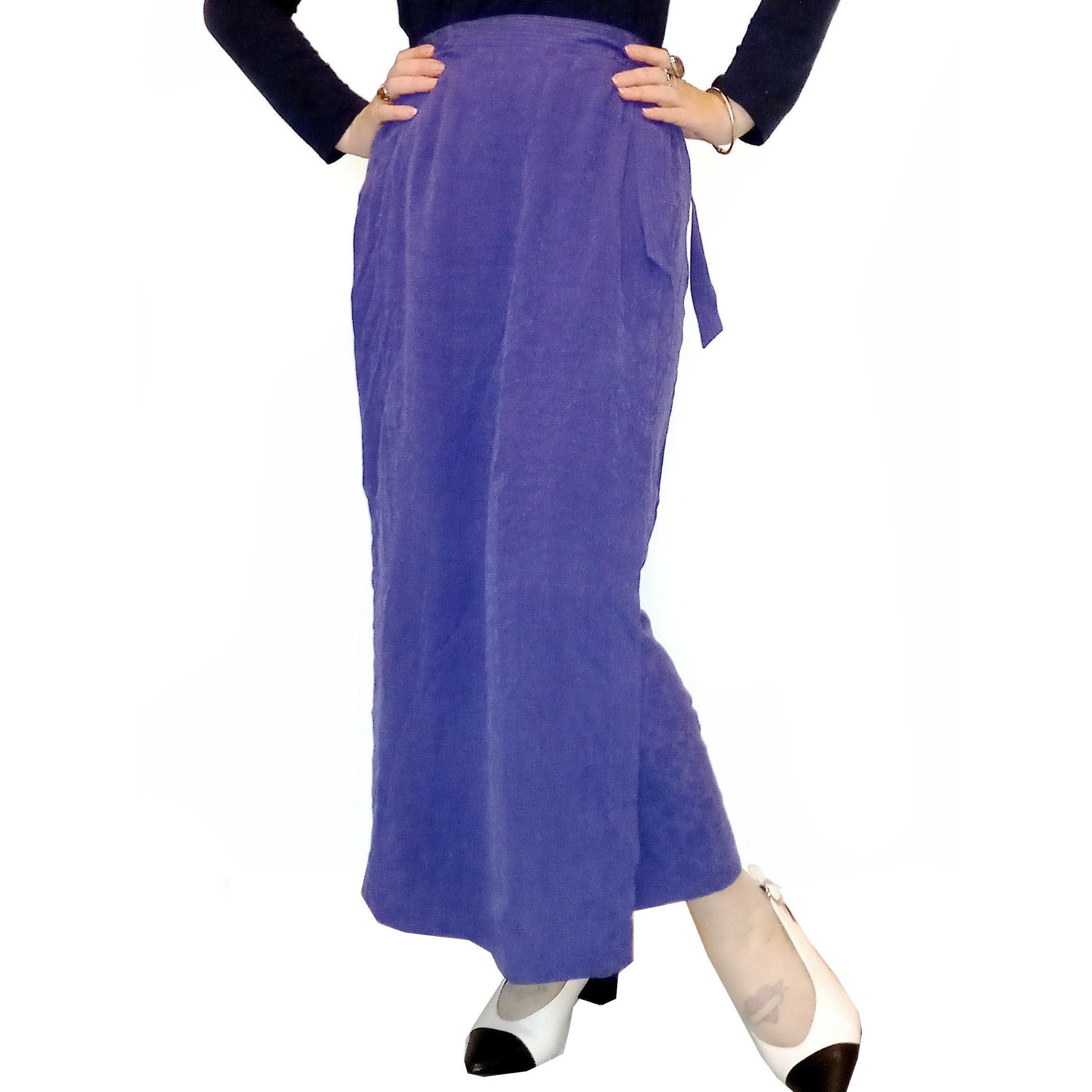 Pure Silk Wrap Skirt Vintage 90s Monsoon 12 Purple Maxi Skirt Side Slit ...