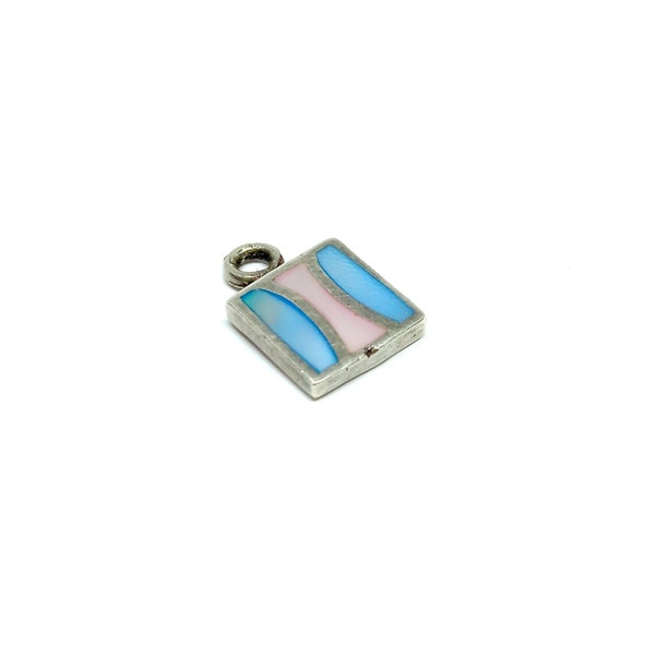 Sterling Silver Charm Inlaid Shell Pendant Pink Blue Mother Of Pearl 925 Necklace Charm Vintage