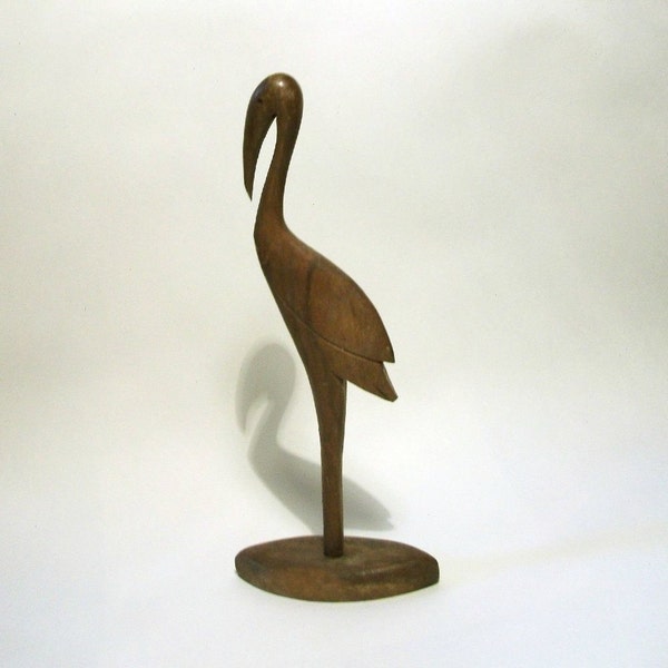 Wooden Heron Figurine Rare Bird Crane Stork Carving Vintage Mid Century Carved Wood Ornament