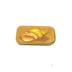 Vintage Potpourri Press Miniature Tin Seashell Pin Box Sliding Lid Tin 1980s