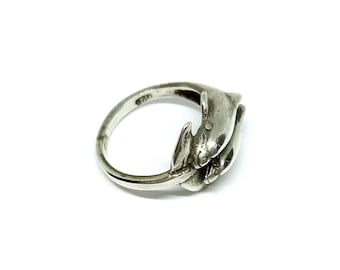 Sterling Silver Dolphin Ring Vintage 90s 925 Double Dolphin Cute Seaside Size M