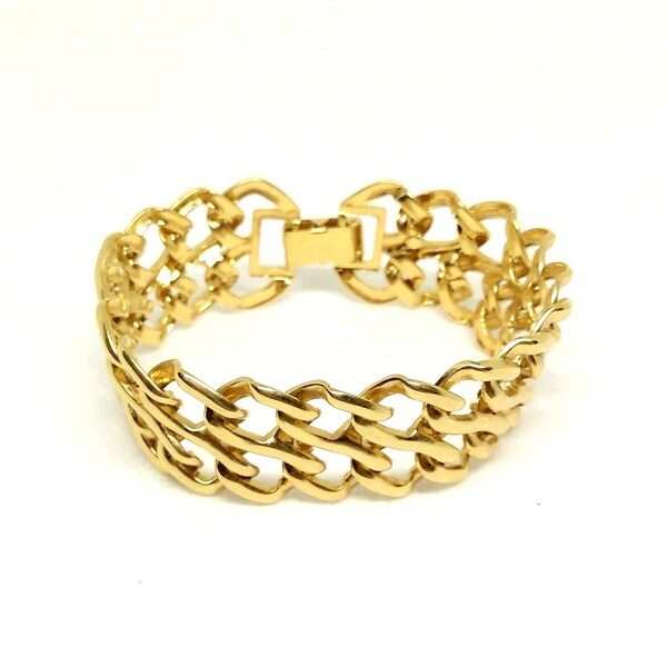 Gold Chain Bracelet Statement Bracelet Double Link Chain Vintage 80s 90s Bling Wide