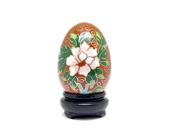 Red Cloisonne Egg on Stand Vintage Chinese Enamel Blossom Design 1970s Oriental