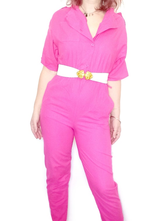 Vintage Jumpsuit Pink Cotton Boilersuit 1980s 90s… - image 3