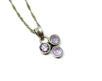 Sterling Silver Amethyst Pendant 3 Stone Vintage Faceted Amethyst Necklace 925