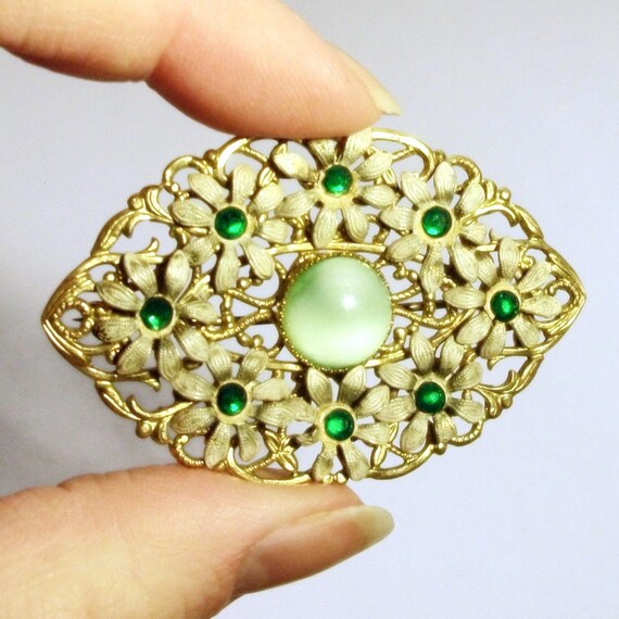 Vintage Czech Brooch 1930s Bohemia Green Rhinesto… - image 4