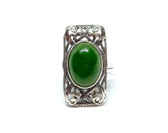 Art Nouveau Ring Sterling Silver Jade Ring Green Stone 925 Vintage 1930s Art Deco Ring Size O
