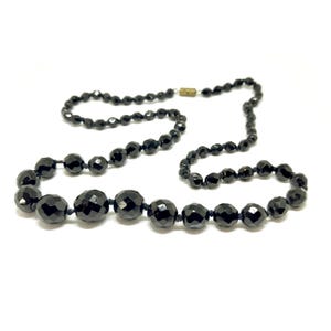 Vintage French Jet Necklace Art Deco Black Glass Beaded Necklace 1930s 40s Knotted Strand
