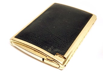 Vintage Leather Cigarette Case with Gas Lighter 1960s 70s Black Gold Rare Collectible