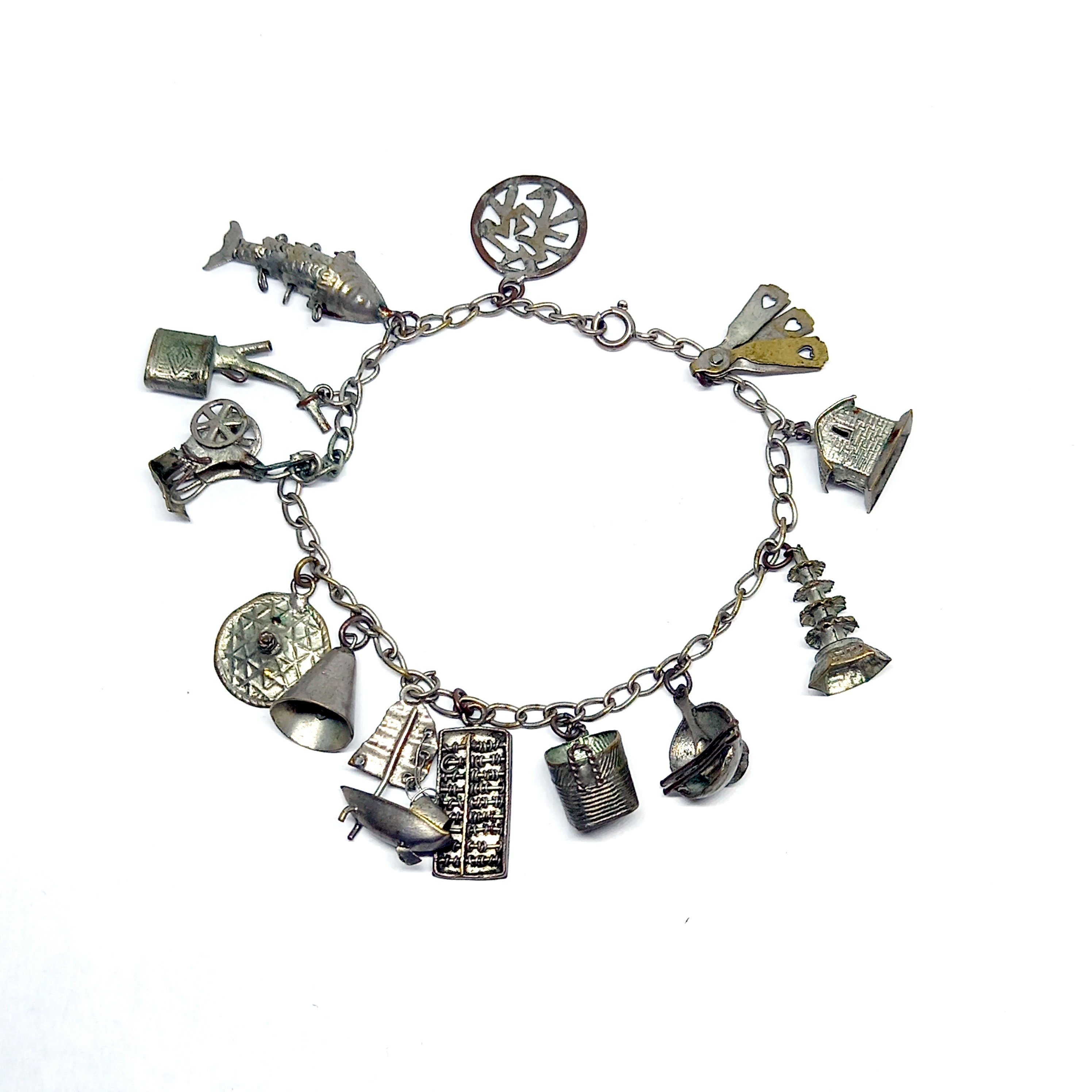 1940's Mexican Sterling Charm Bracelet Moving Parts