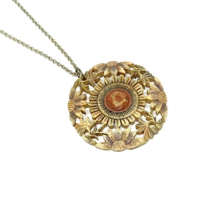 Large Flower Pendant Carved Bone Necklace 1930s Pendant Hand Carved Vintage Folk Art Floral Unusual Large Round Horn Disc Daisy Cut Out