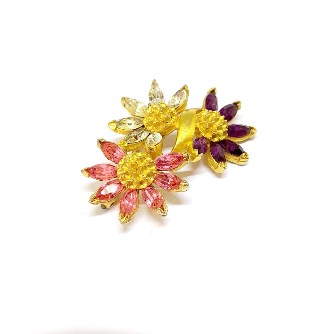 Broche Vintage Fantaisie Années 50/60 - Fleur En Métal Doré Et Strass - Occasion
