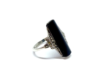 Art Deco Ring Schwarz Onyx Markasit Sterling Silber Ring Antik 925 Vintage 1930s Size O