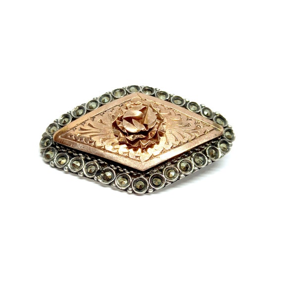 Copper Brooch 800 Silver Brooch Engraved Rose Etc… - image 1