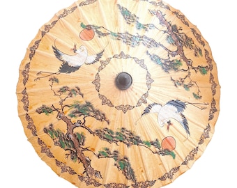 Chinese Parasol Oriental Oil Paper Parasol Large Stork Crane Design Bamboo