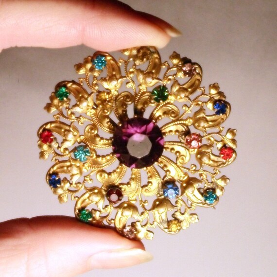 Vintage Bohemia Brooch Czech Brooch Rainbow Jewel… - image 6