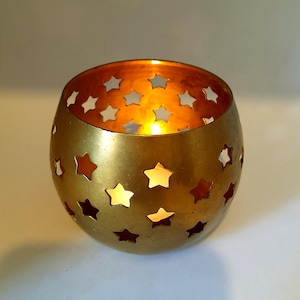 Brass Star Tea Light Holder Candle Holder Vintage Celestial Design Star Holes