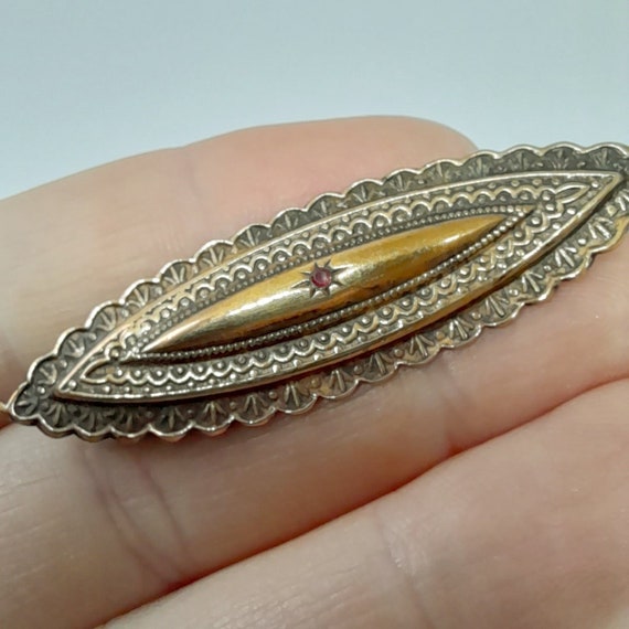 Victorian Revival Brooch Gold Eye Shape Ruby Past… - image 5