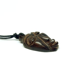 Carved Ebony Pendant Tribal Face Wooden Head Necklace Wood Carving Vintage 1960s 70s