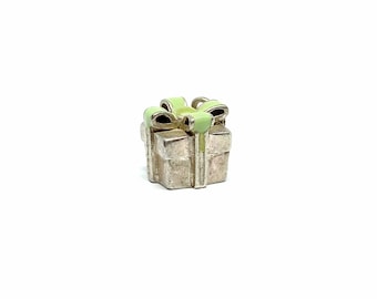 Sterling Silver Charm Gift Box Present Charm 925 Silver Charm for Bracelet or Necklace Vintage 3D 90s Enamel