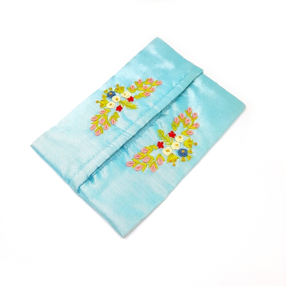 Embroidered Tissue Pouch Holder Purse Silky Turqu… - image 1