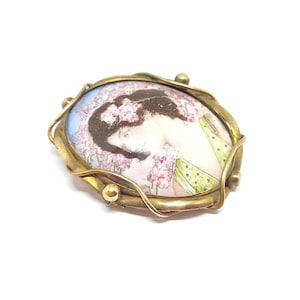 Antique Portrait Brooch Victorian Pinchbeck Frame Art Nouveau Porcelain Brooch Blossom Woman