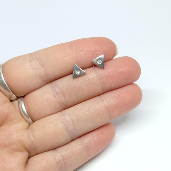 Sterling Silver Triangle Stud Earrings Rhinestone… - image 2