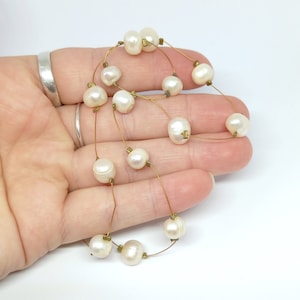 Vintage Pearl Necklace Satellite Beads Floating Pearls Real Pearl Gold Wire Collar Choker Necklace 1980s 90s
