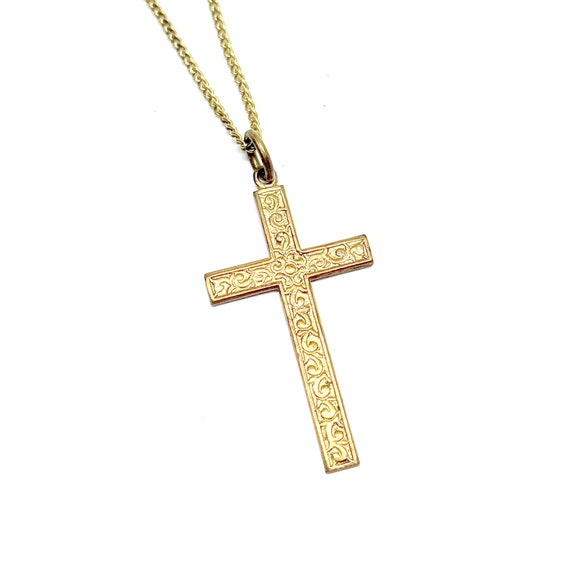 Antique Gold Cross Pendant Floral Engraved Crucif… - image 1